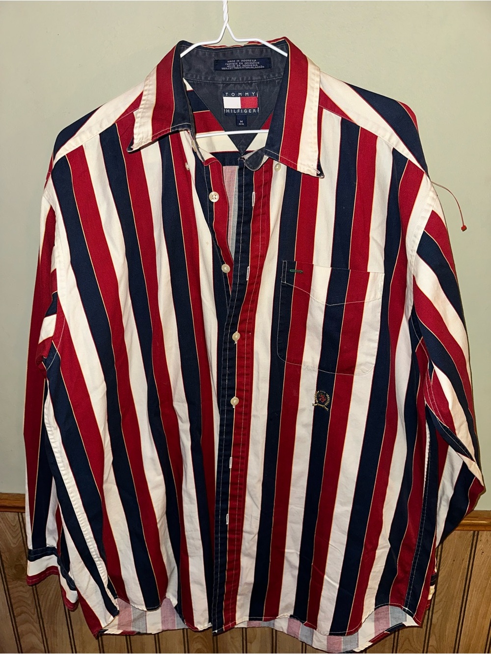 90’s Vintage Tommy Hilfiger Men's Red, Navy & White Striped Button Down Shirt